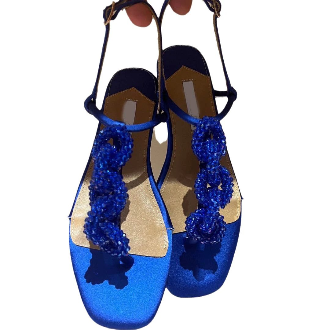Women's Crystal String Beads Flat Sandals by GJG Denim