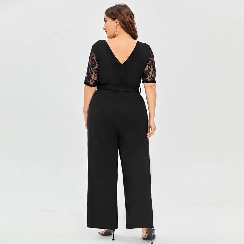 Women's Deep V Neck Lace Short Sleeve Plus Size Jumpsuit by GJG Denim