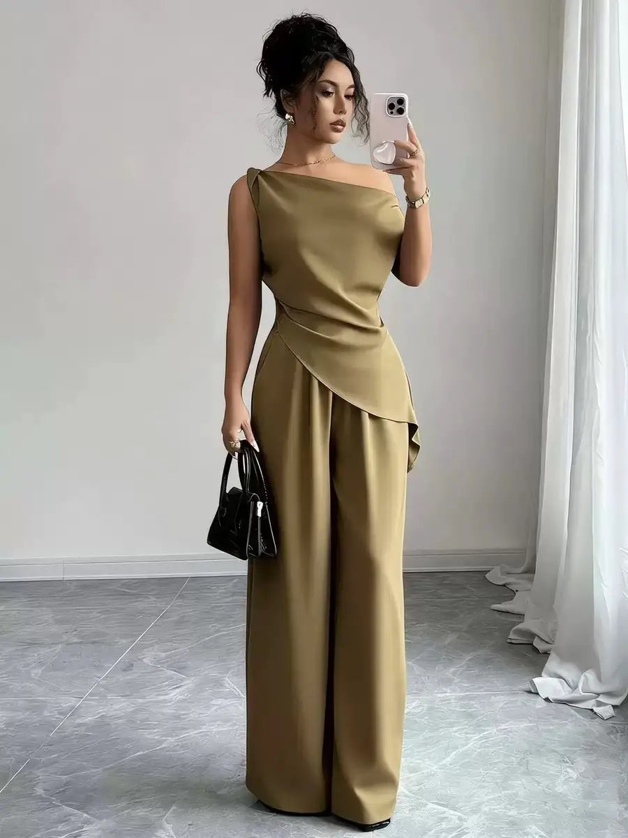 Solid-color Wide-leg Pants Suit For Women by GJG Denim