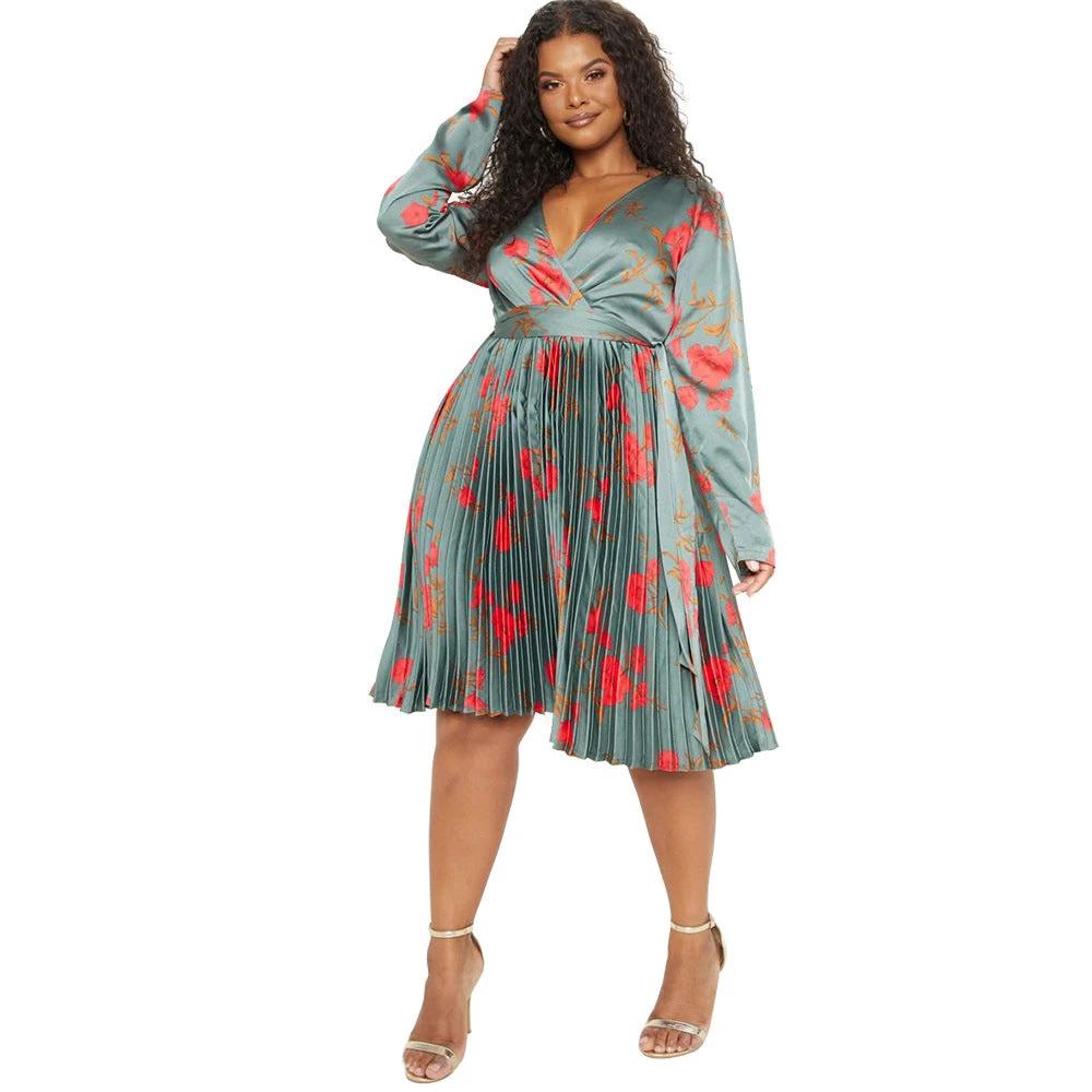 Deep V-neck Pleated Temperament Dress Women by GJG Denim
