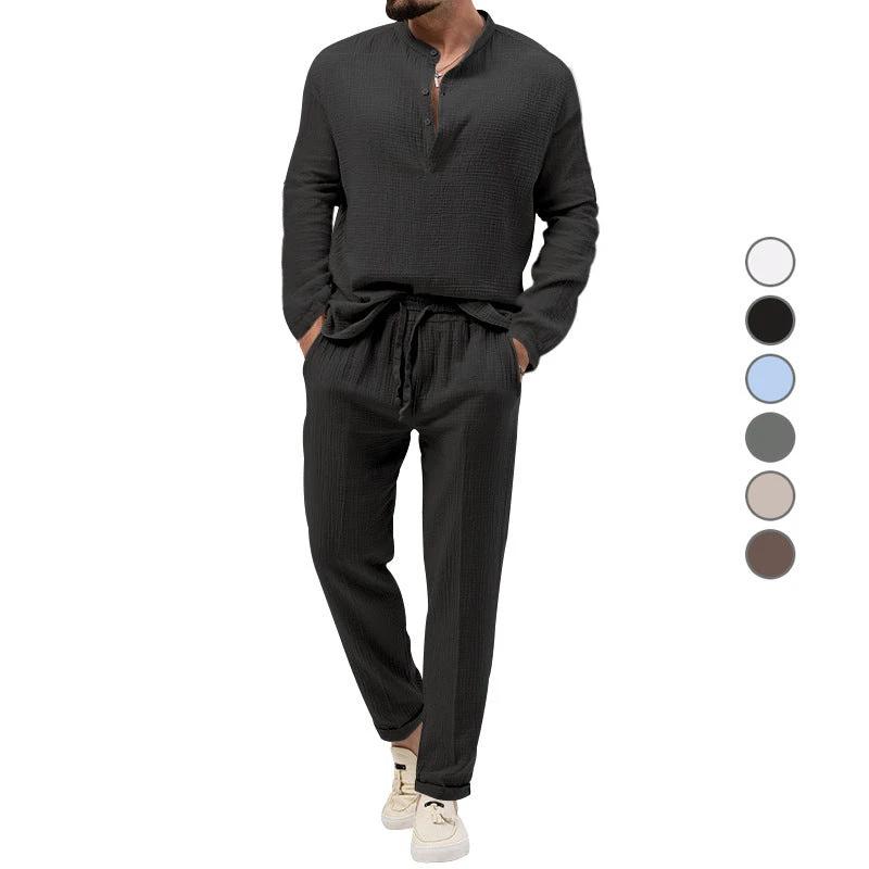 Solid Color Casual T-shirt Long Sleeve Shirt Pants Suit by GJG Denim