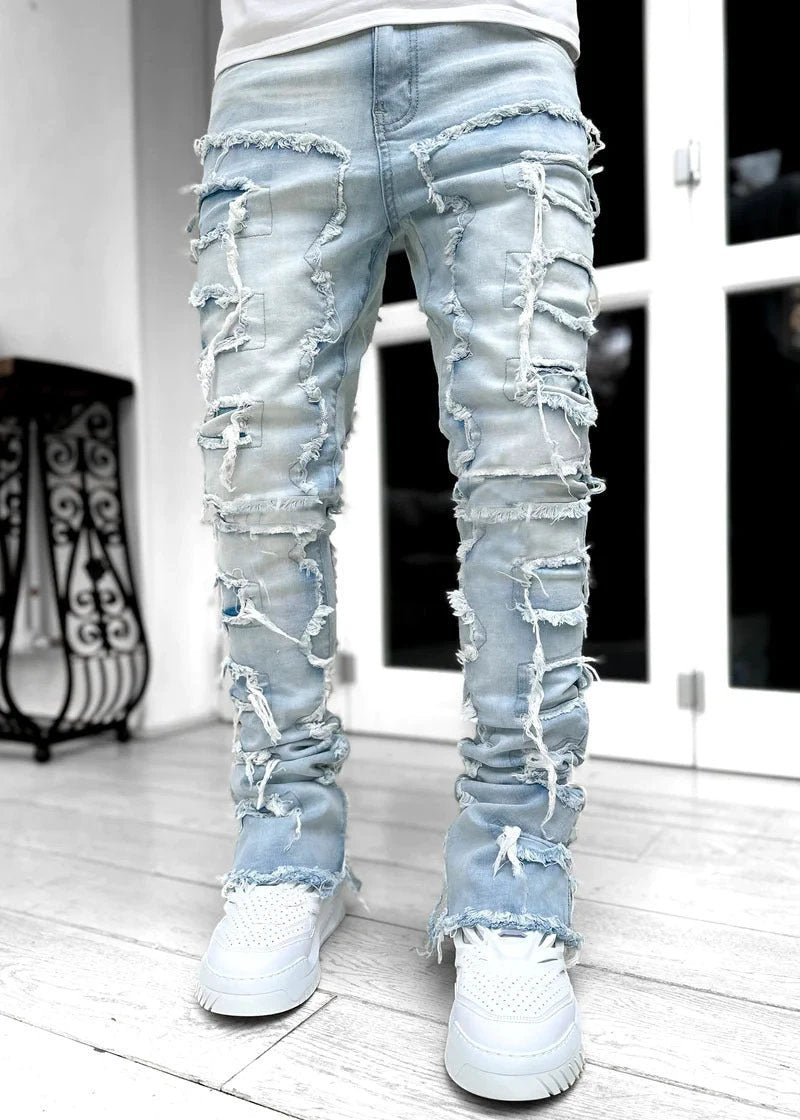 Men's Individual Patched Pants Long Tight Fit Stacked Jeans by GJG Denim