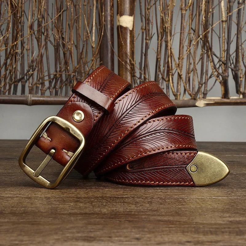 Men's 3.8CM Wide Thick Double-sided Cowhide Brass Buckle Belts by GJG Denim