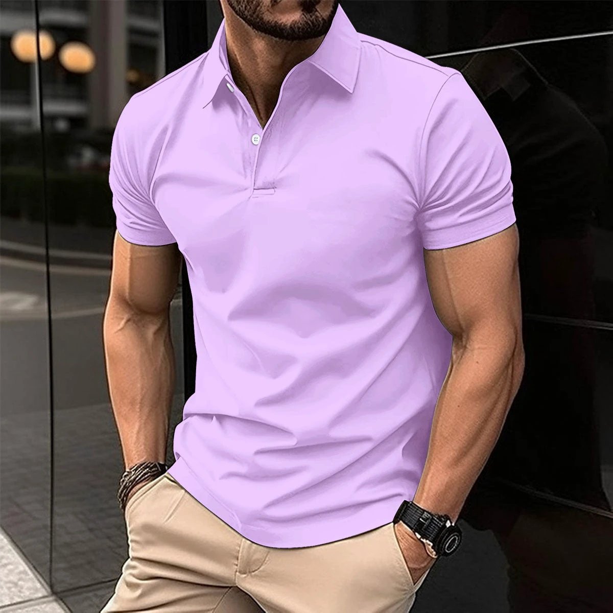 Short Sleeve Polo Shirt Men Solid Color Button Lapel Button Top by GJG Denim