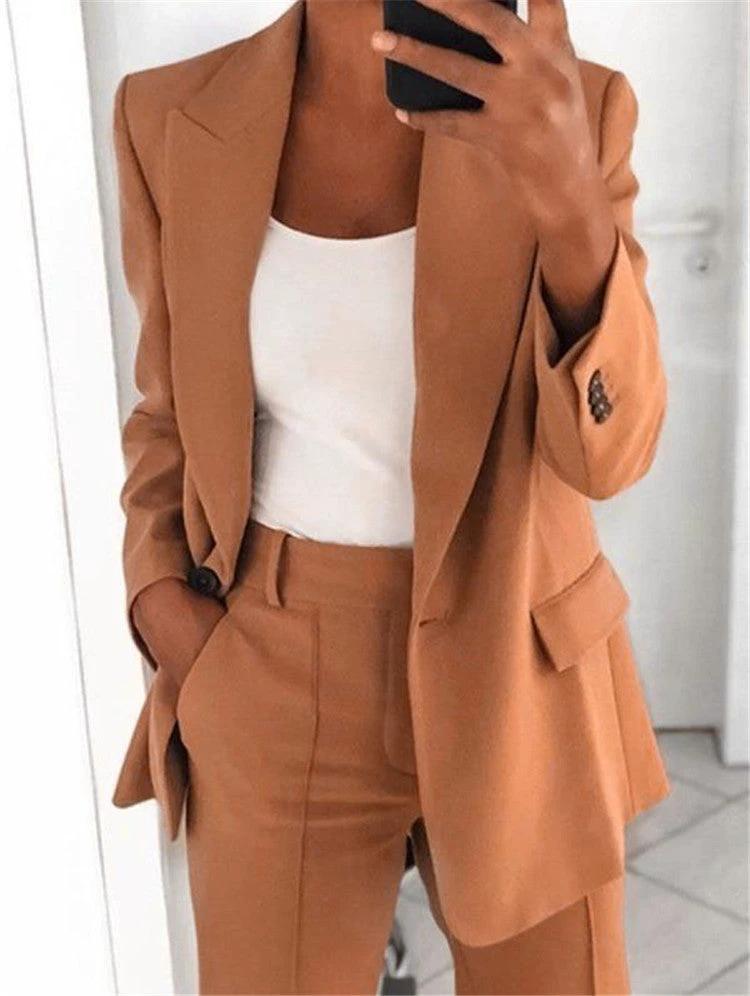 Ins Button Casual Suit Fashion Long-sleeved Lapel Blazer Jacket And Slim-fit Pocket Trousers For Women Clothing by GJG Denim