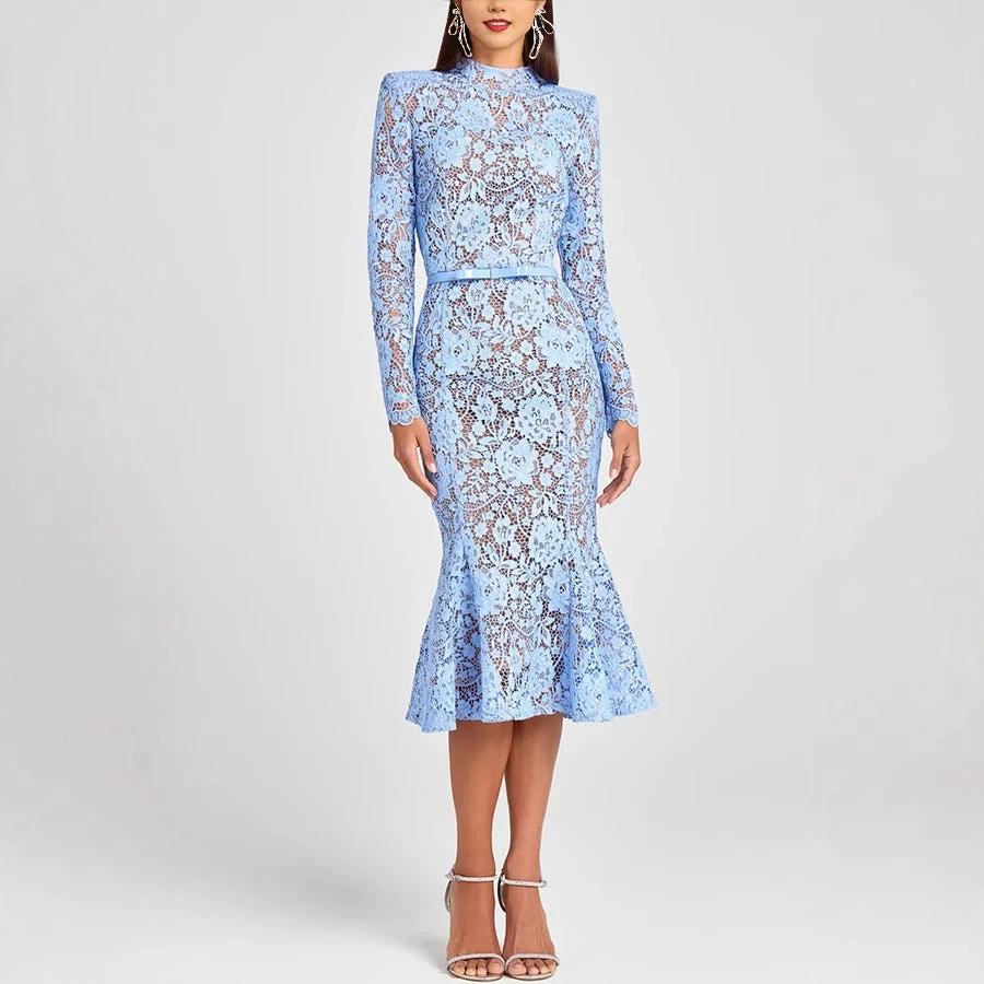 Slim Fit Slimming See-through Lace Hollow Belt Long Sleeve Fishtail Dress by GJG Denim