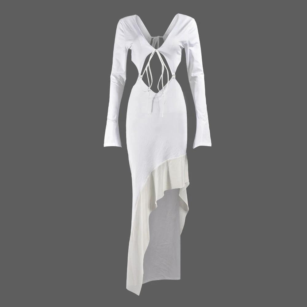 Women's Chest-wrapped Long Sleeve V-neck Lace-up Long Dress by GJG Denim