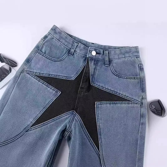 Trendy Loose Contrast Color Five-pointed Star Shorts by GJG Denim