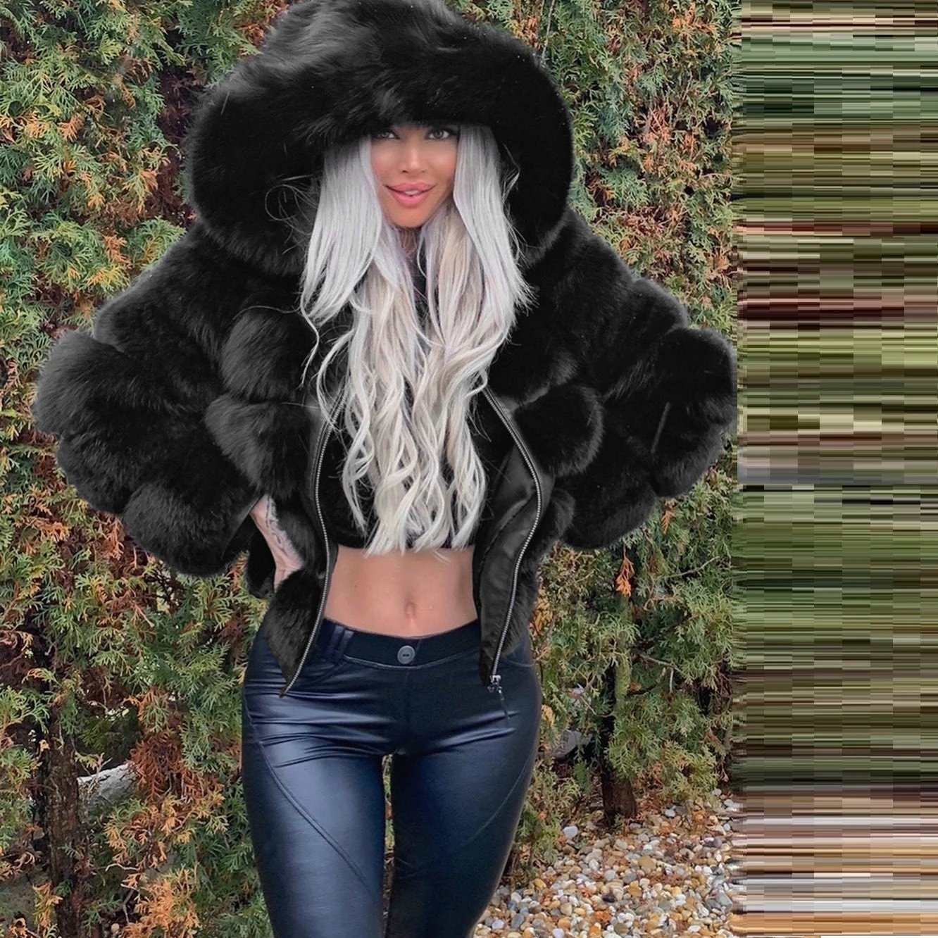 Women's Fashion Long Sleeve Solid Color Faux Fur Jacket Hooded Coat by null