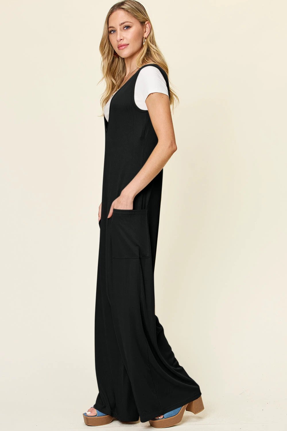 Sleeveless Wide Leg Jumpsuit with Handy Pockets by Lady Ros