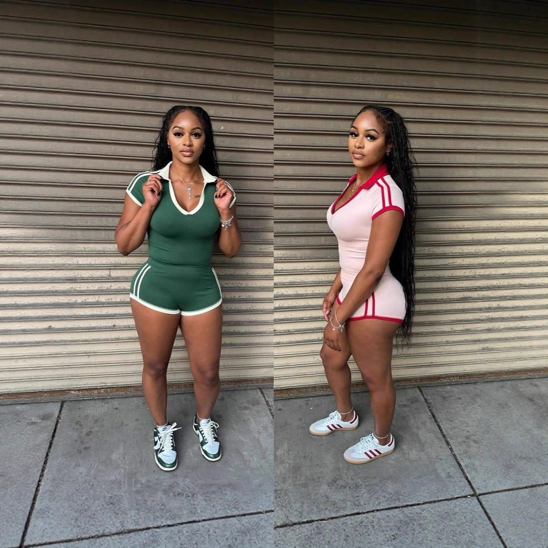 Fashionable Solid-Color U-Neck Short-Sleeve Shirt And Striped Butt-Lifting Shorts Set by GJG Denim