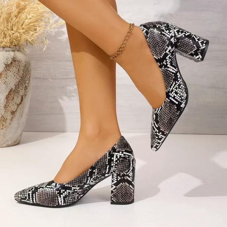 Women's Snake Print Pointed Toe Block Heel Pumps 2026 Spring Summer Elegant High Heels Versatile Office Party Shoes by GJG Denim