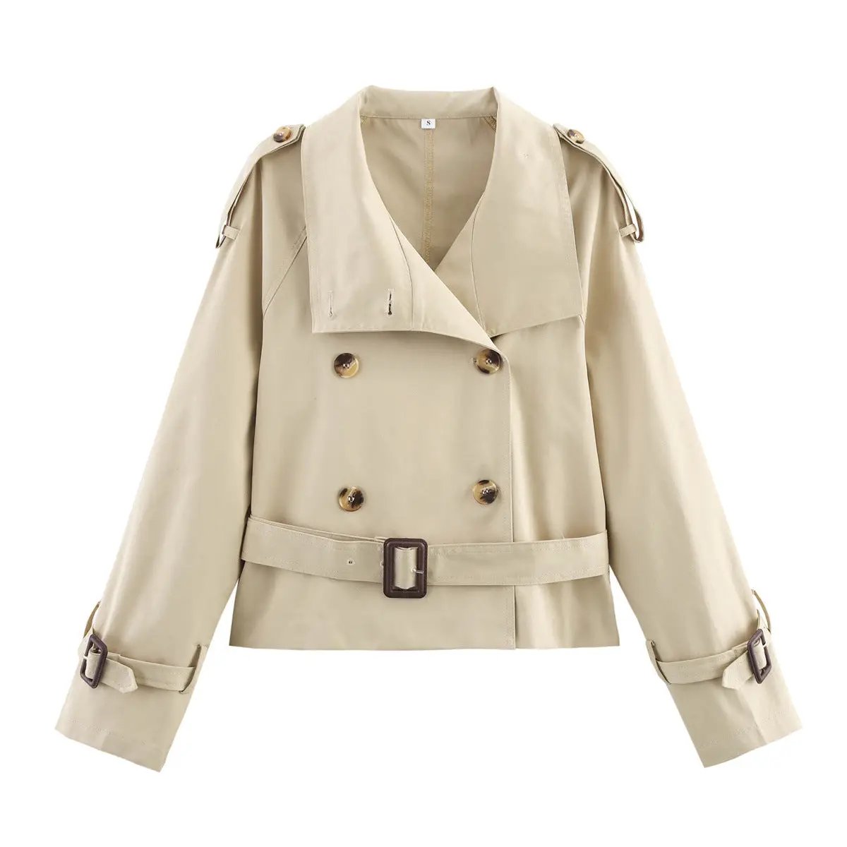 Notch-collar Short Trench Coat For Women With Belt Buckle Detailing by GJG Denim