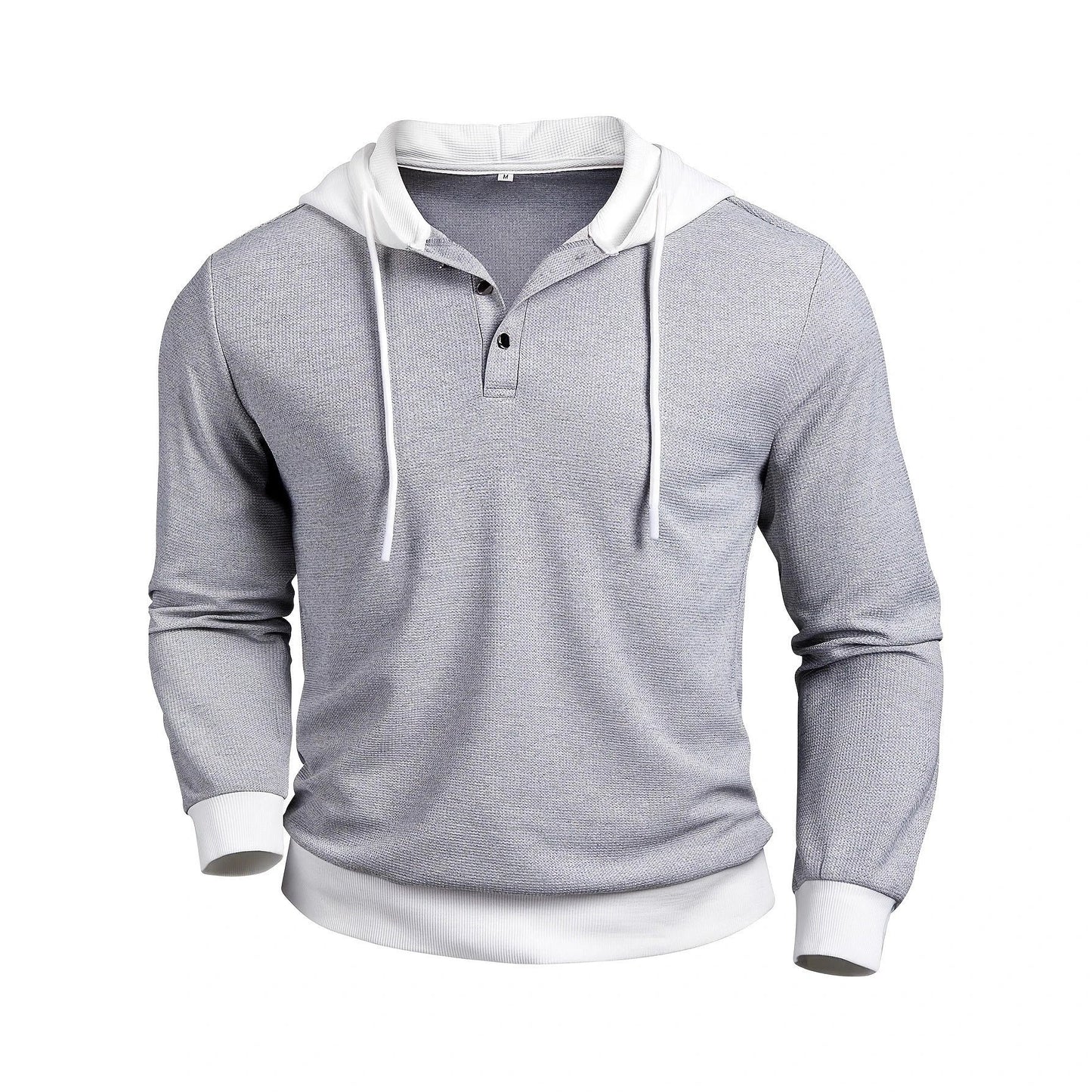Men's Casual Textured Waffle-knit Contrast-color Long-sleeve Hoodie With Buttons by GJG Denim