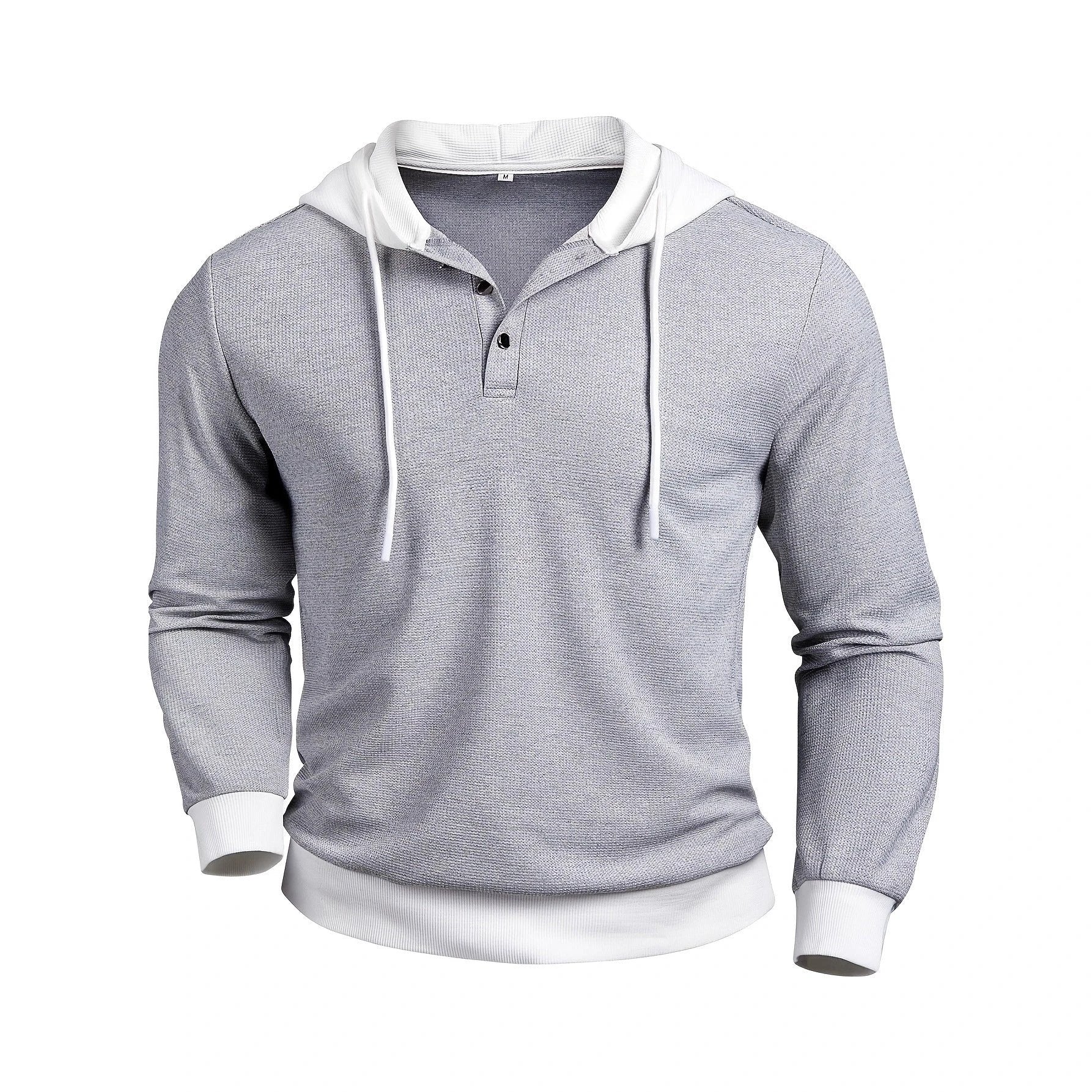 Men's Casual Textured Waffle-knit Contrast-color Long-sleeve Hoodie With Buttons by GJG Denim