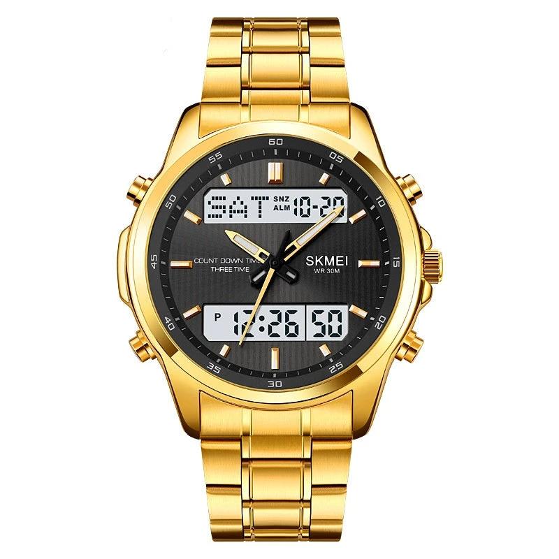 Multifunctional Men's Steel Strap Watch Double Display by GJG Denim