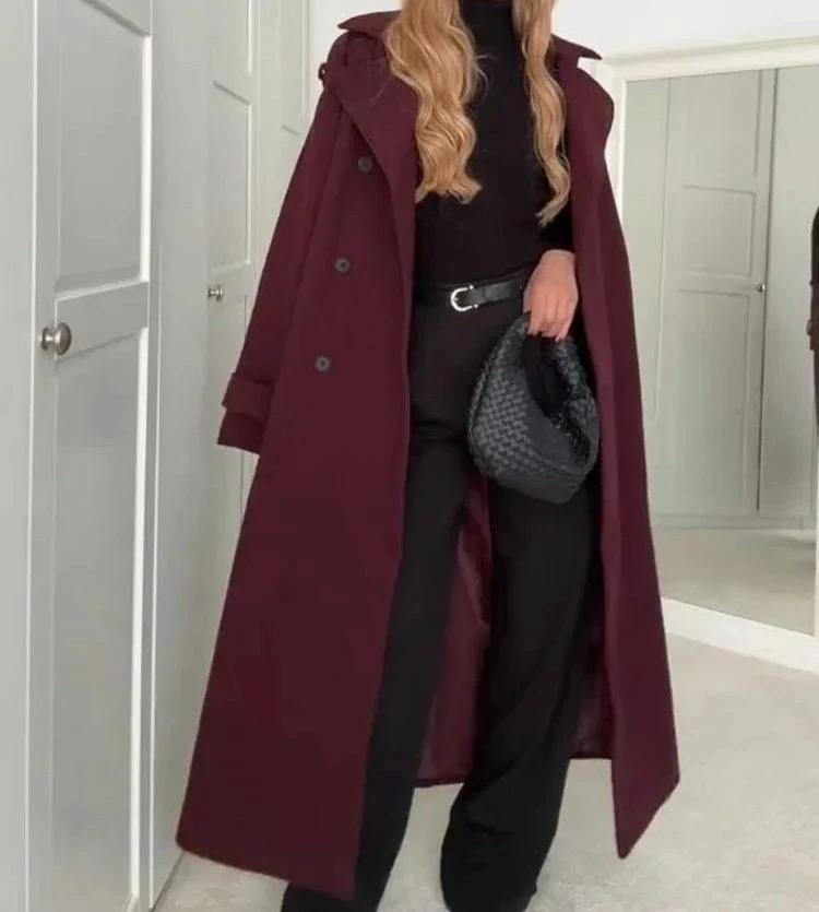 Fashion Lapel Woolen Coat With Belt Winter Double-breasted Trench Long Jacket For Women Clothing by GJG Denim