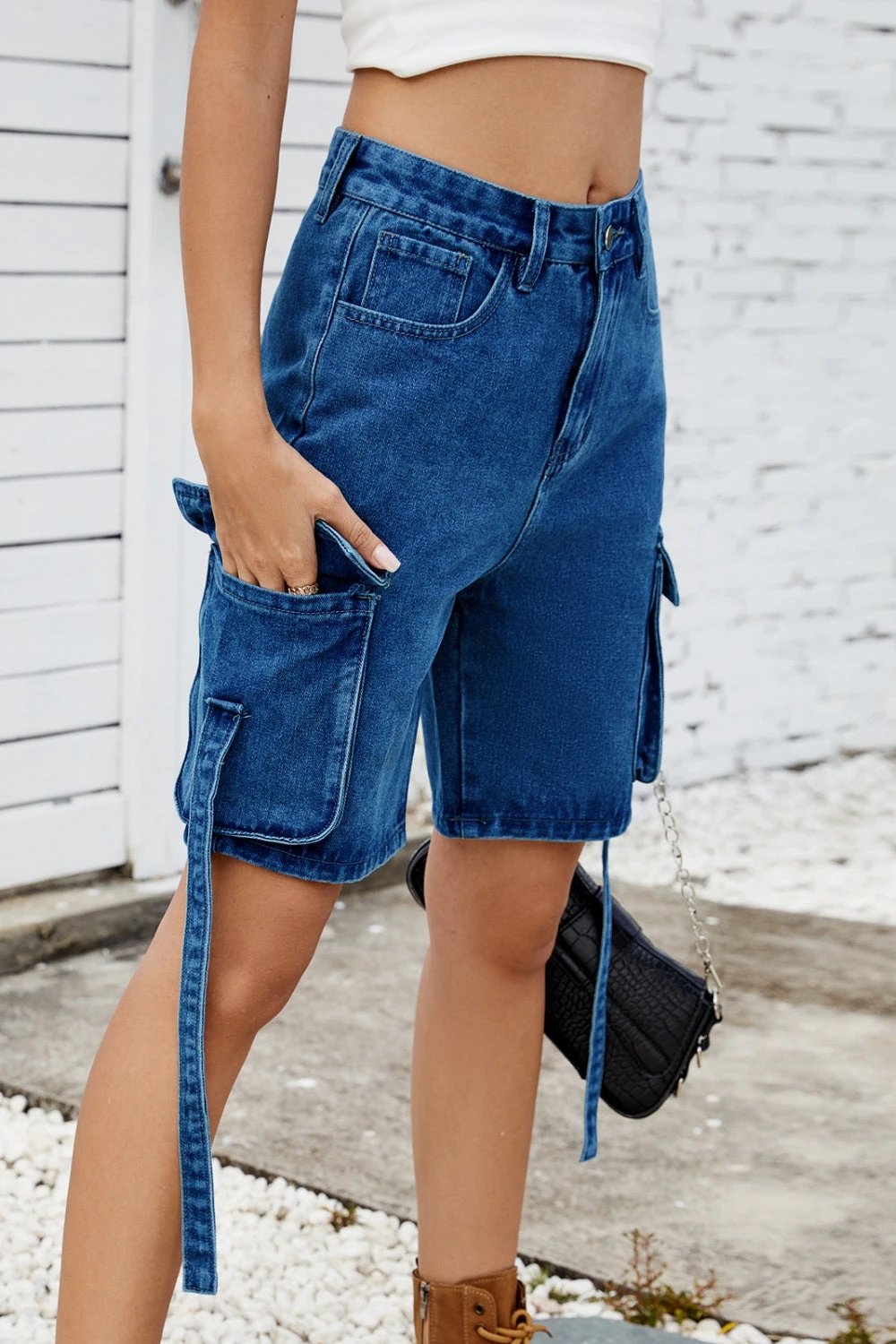 Washed Cargo Denim Shorts by Lady Ros