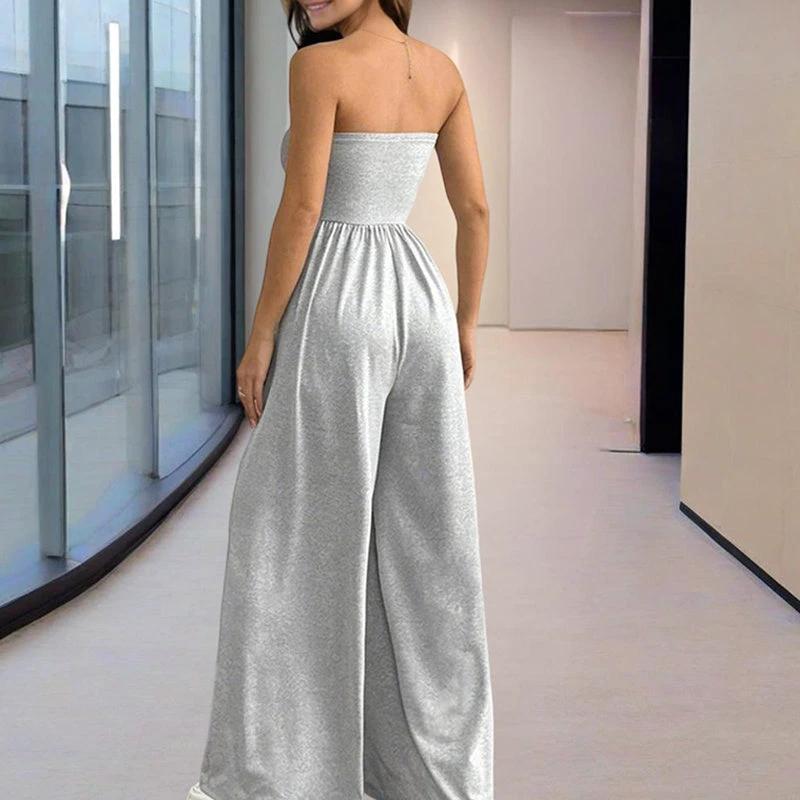 Women's Solid Color Strapless Jumpsuit Wide-Leg Palazzo Pants With Pleats Summer Fashion Outfit by GJG Denim