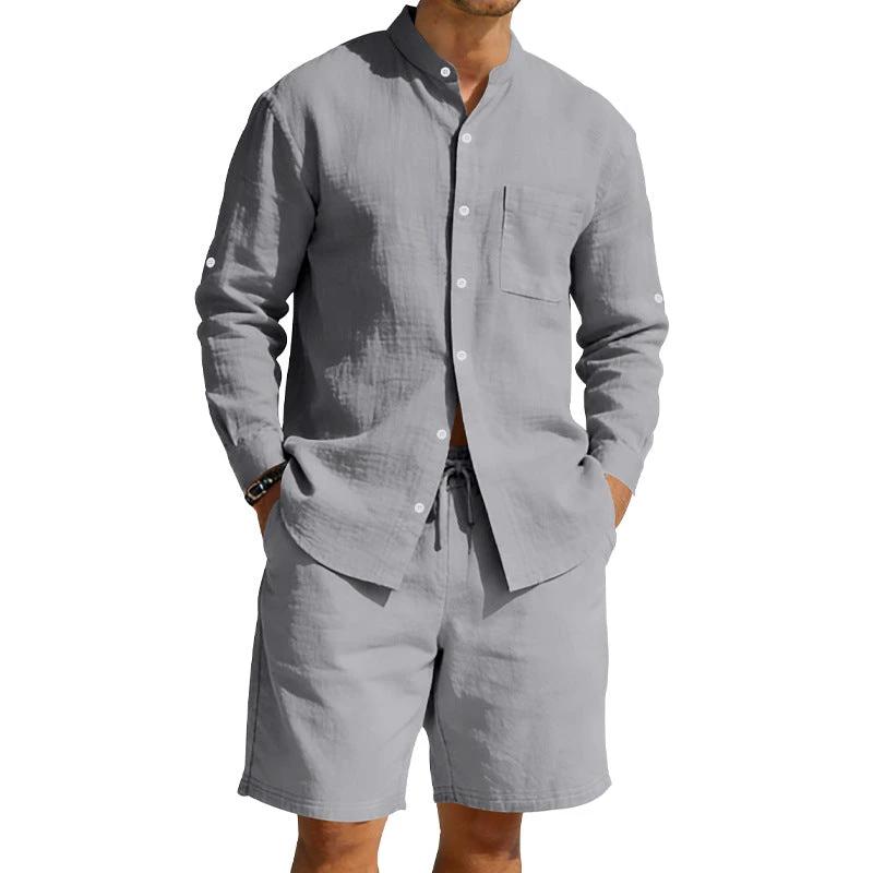 Men's Casual Linen Shirt And Shorts Set by GJG Denim