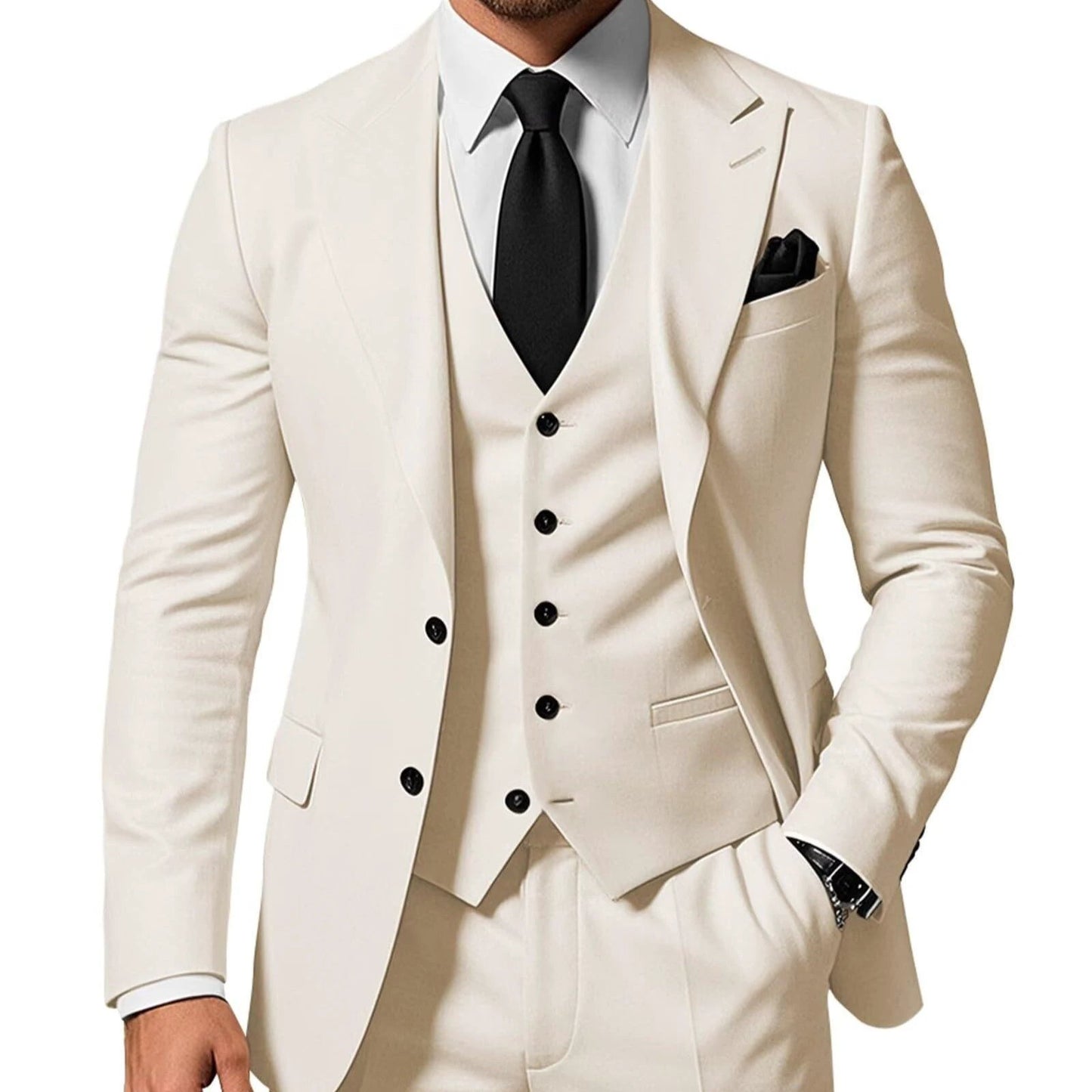Men's Solid Color 2-piece Buckle Casual Jacket Vest Pants Suit by GJG Denim