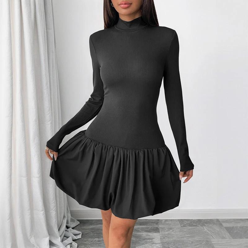 Simple Elegant Basic Turtleneck Long Sleeve Solid Color Dress by GJG Denim