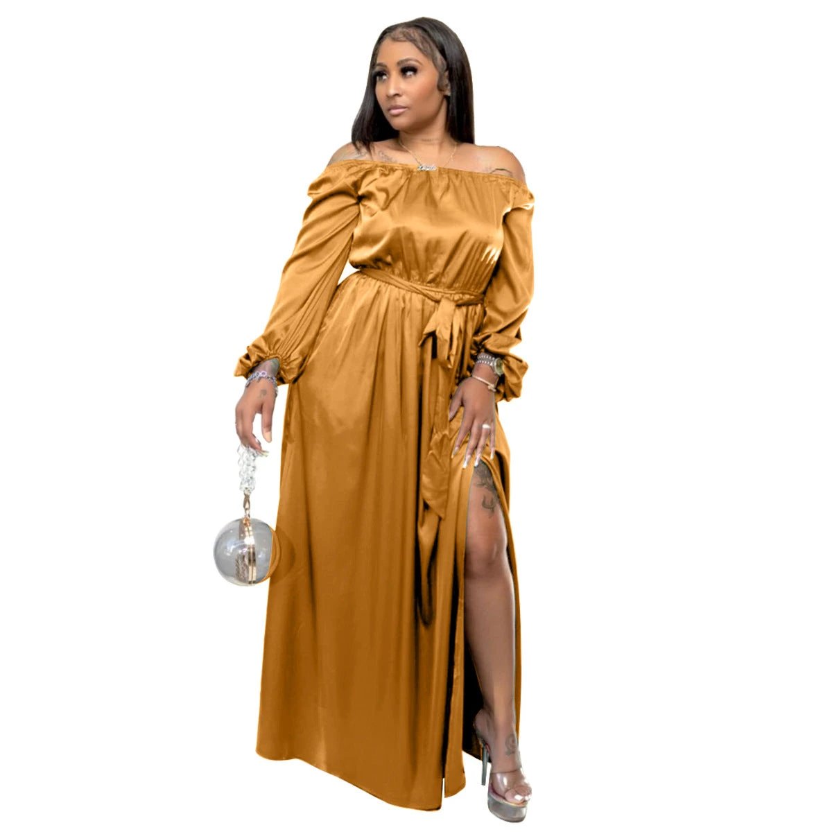 Off-shoulder Lace-up Lantern Sleeve Dress by GJG Denim