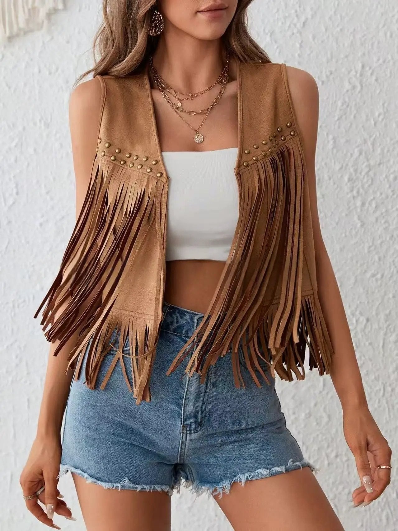 Womens Tassel Sleeveless Vest With Suede Tassels by GJG Denim