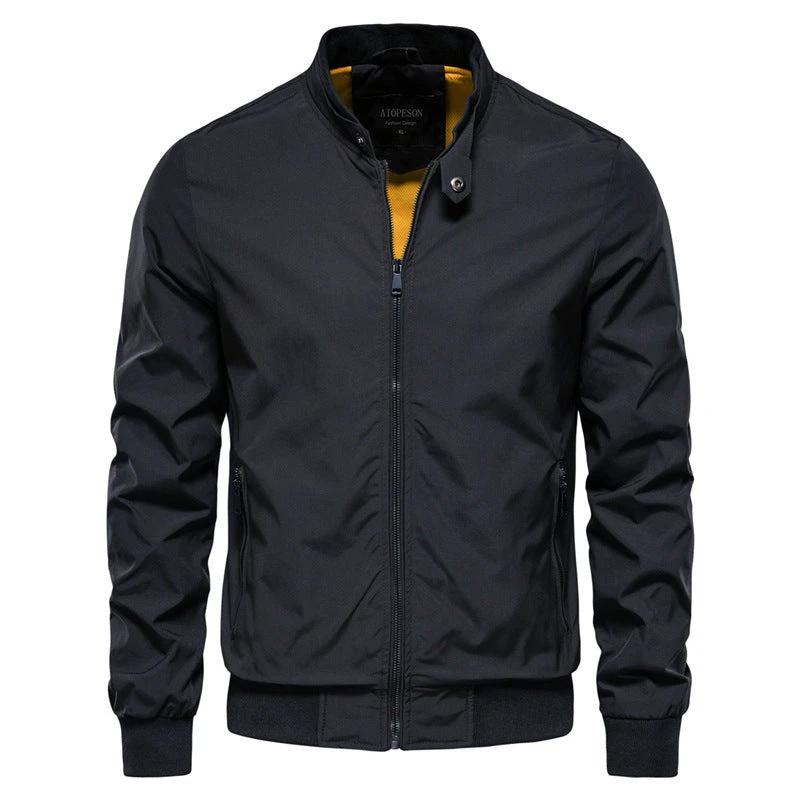 Men's Zip-up Jacket With Pockets Casual Solid Stand Collar Long Sleeve Top Outwear Clothing by GJG Denim