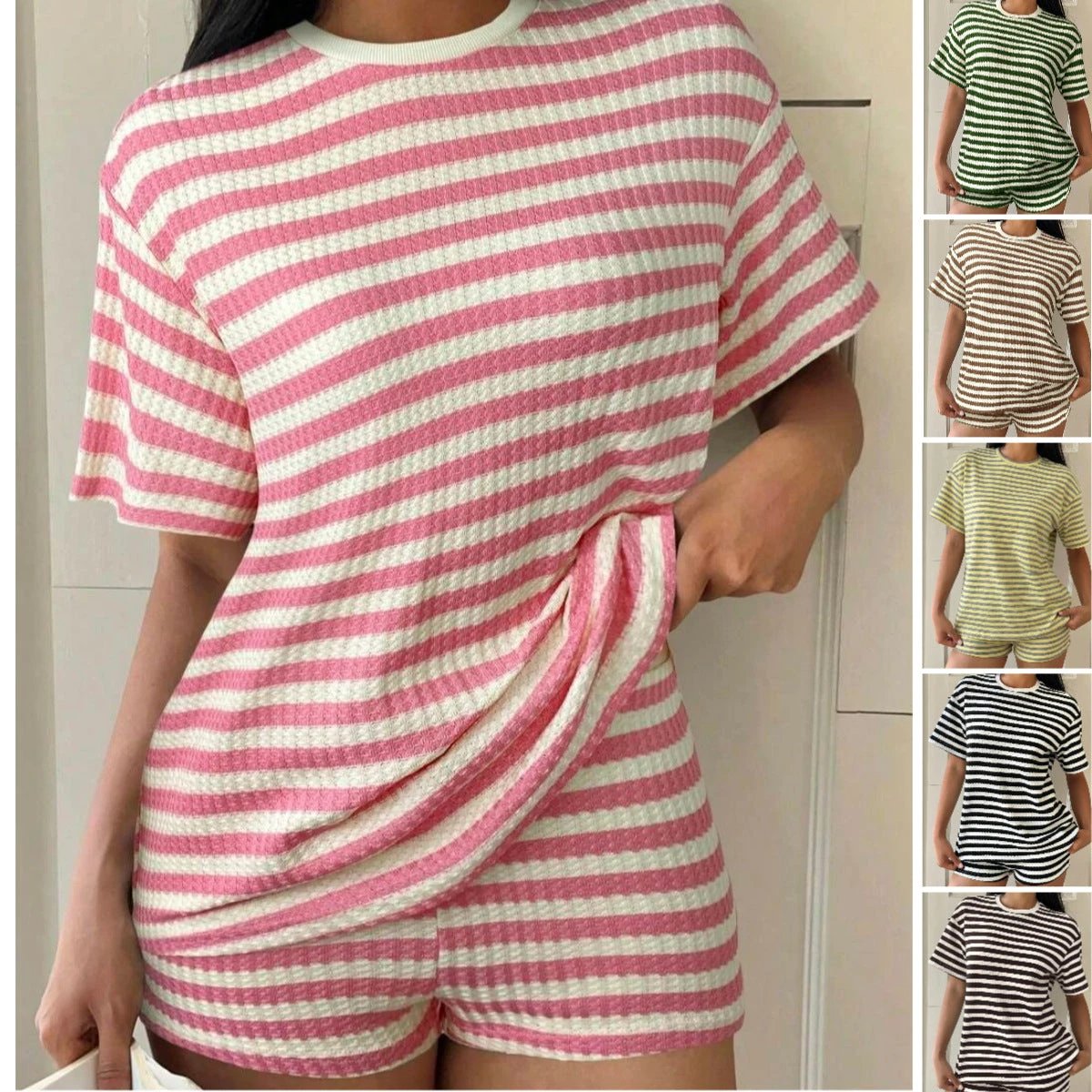Striped Short-Sleeve T-Shirt Set Womens Fashion Summer by GJG Denim