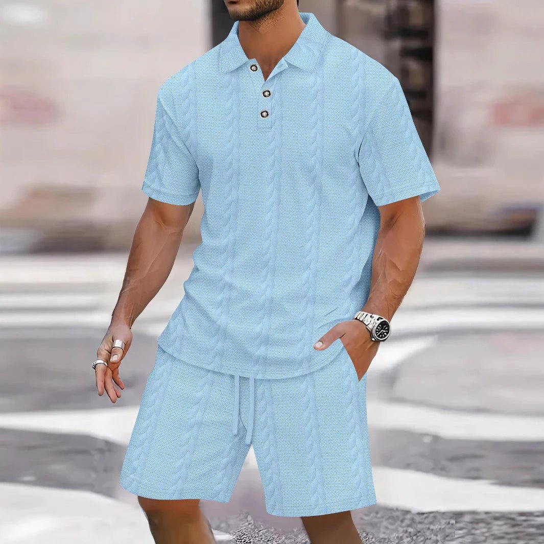 Men's Lapel-collar Short-sleeve Top With Shorts Set by GJG Denim