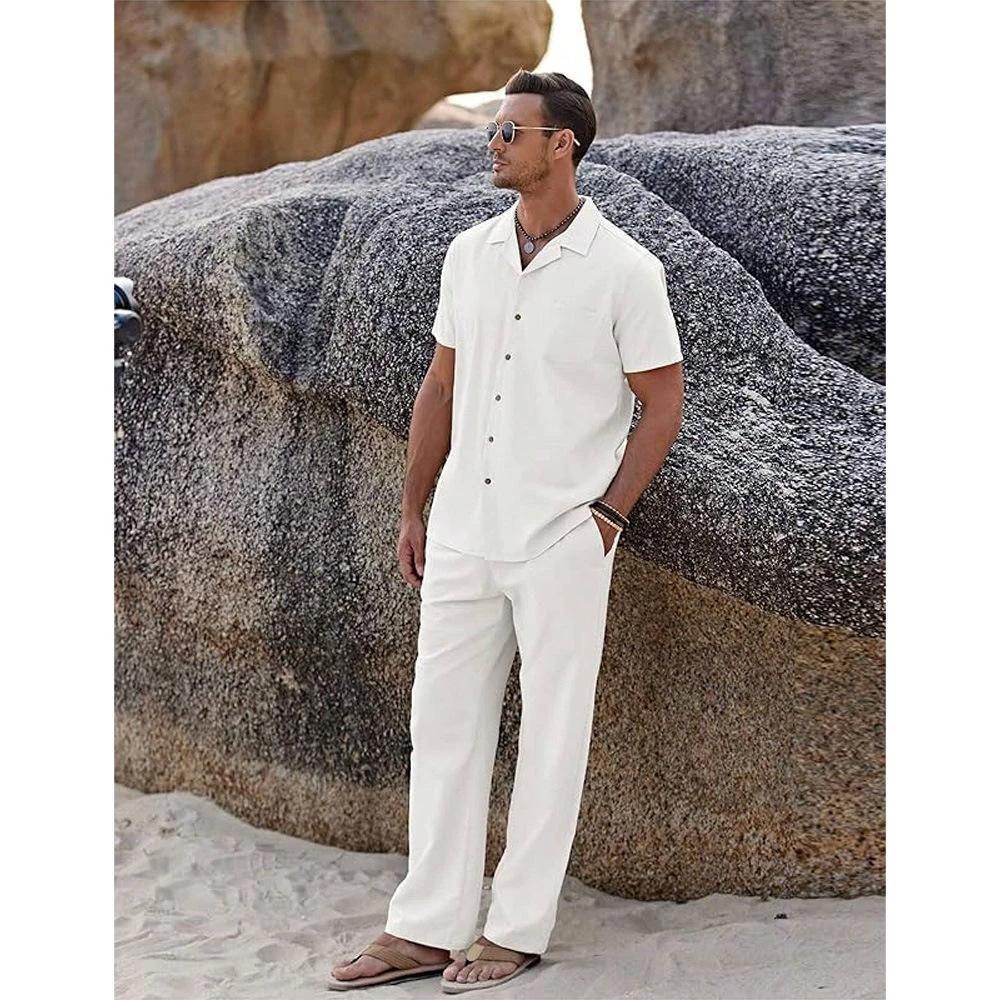 Men's Vintage Short-sleeve Shirt And Casual Trousers Two-piece Set by GJG Denim