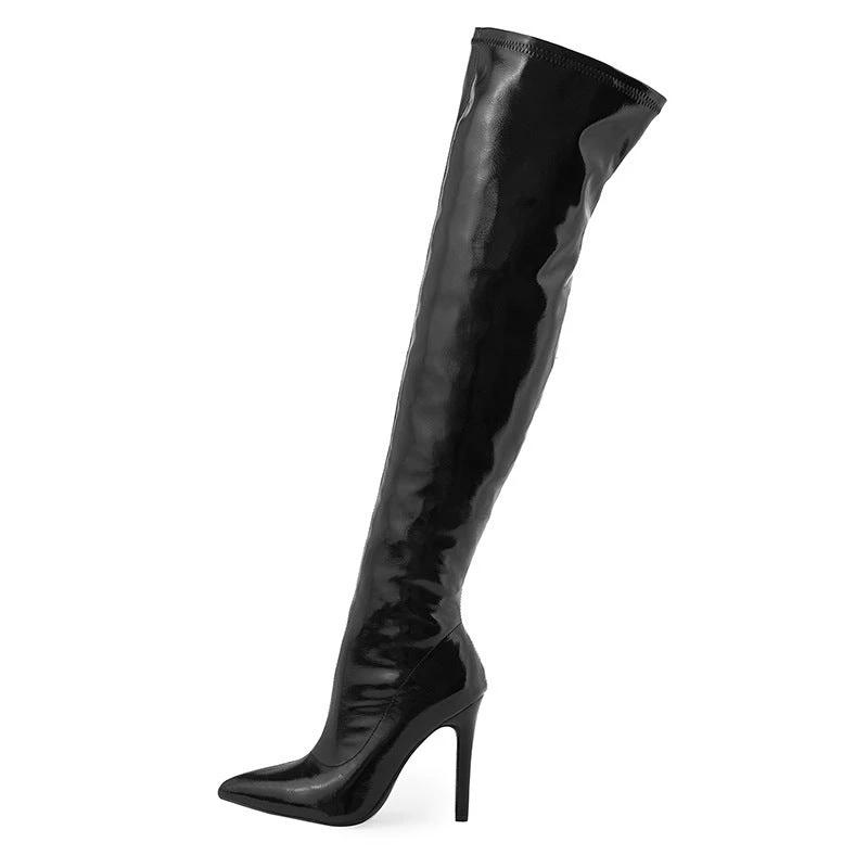 Women's High Heel Soft Patent Leather Inside Zipper Over The Knee Boots by GJG Denim