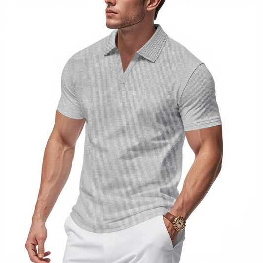 Summer Men's Loose Leisure Sports V-neck Waffle Short Sleeve Lapel Polo Shirt Men by GJG Denim