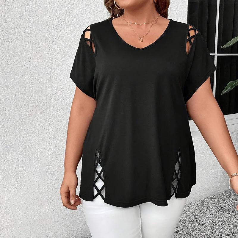 Women's Plus Size Criss Cross Short Sleeve V Neck T-Shirt Tops by GJG Denim
