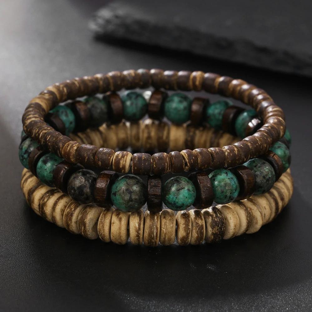 Retro Men's Coconut Wood Multi-Layer Stackable Bracelet Set by GJG Denim