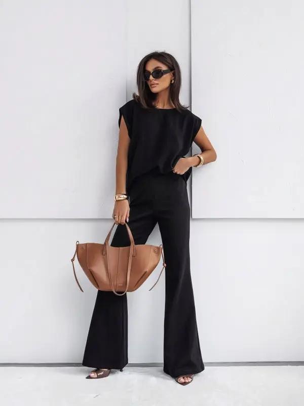 2 Piece Casual Set Short Sleeve T-Shirt Vest Loose Wide Leg Pants Seasonal Comfort by GJG Denim