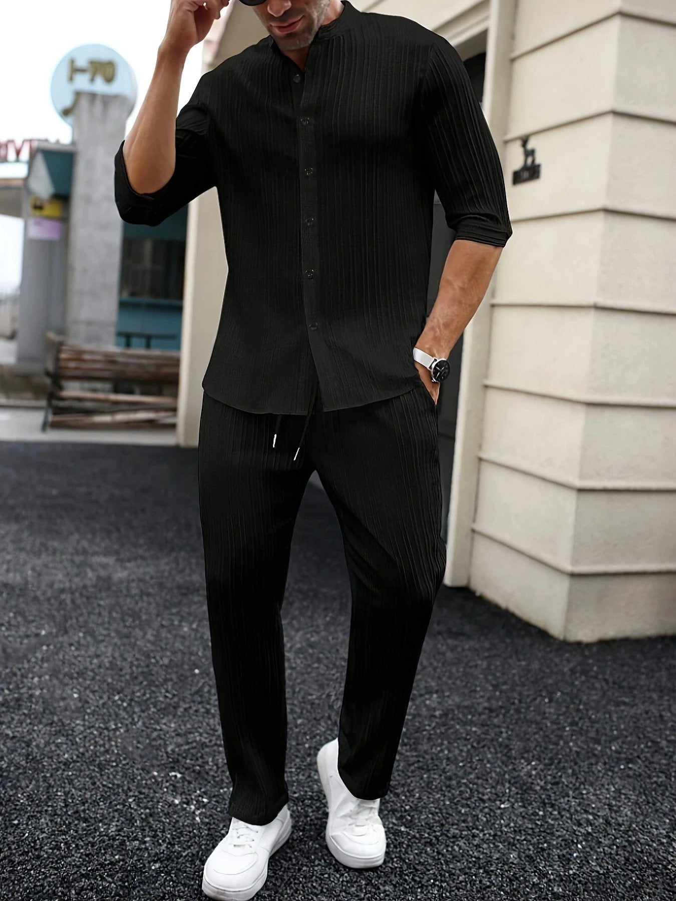 Men's Solid-Color Shirt And Pants Set by GJG Denim