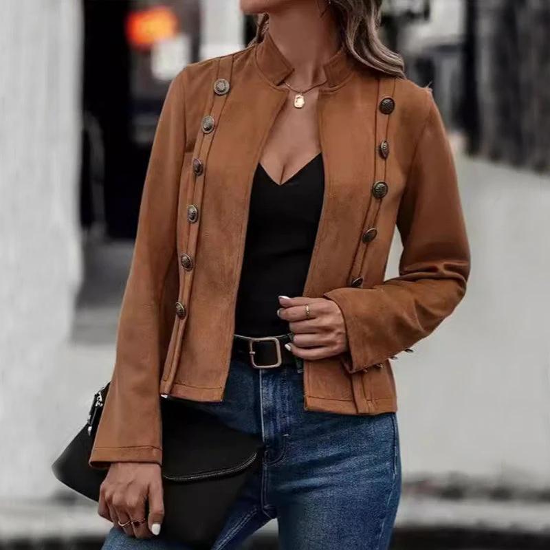 Solid Short Jacket Double Breasted Decorative Design Fashion Retro Suede Long Sleeve Outwear Tops Coat For Womens Clothing by GJG Denim