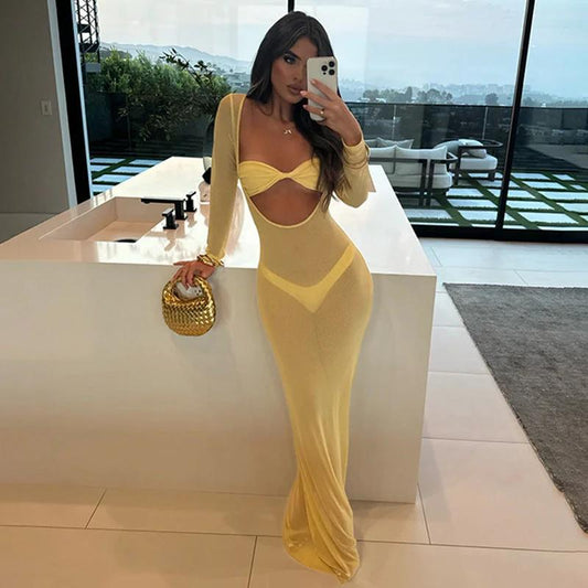 Sexy See-through Temptation Midriff Outfit Bandeau Slim-fit Long Sleeve Tight Dress by GJG Denim