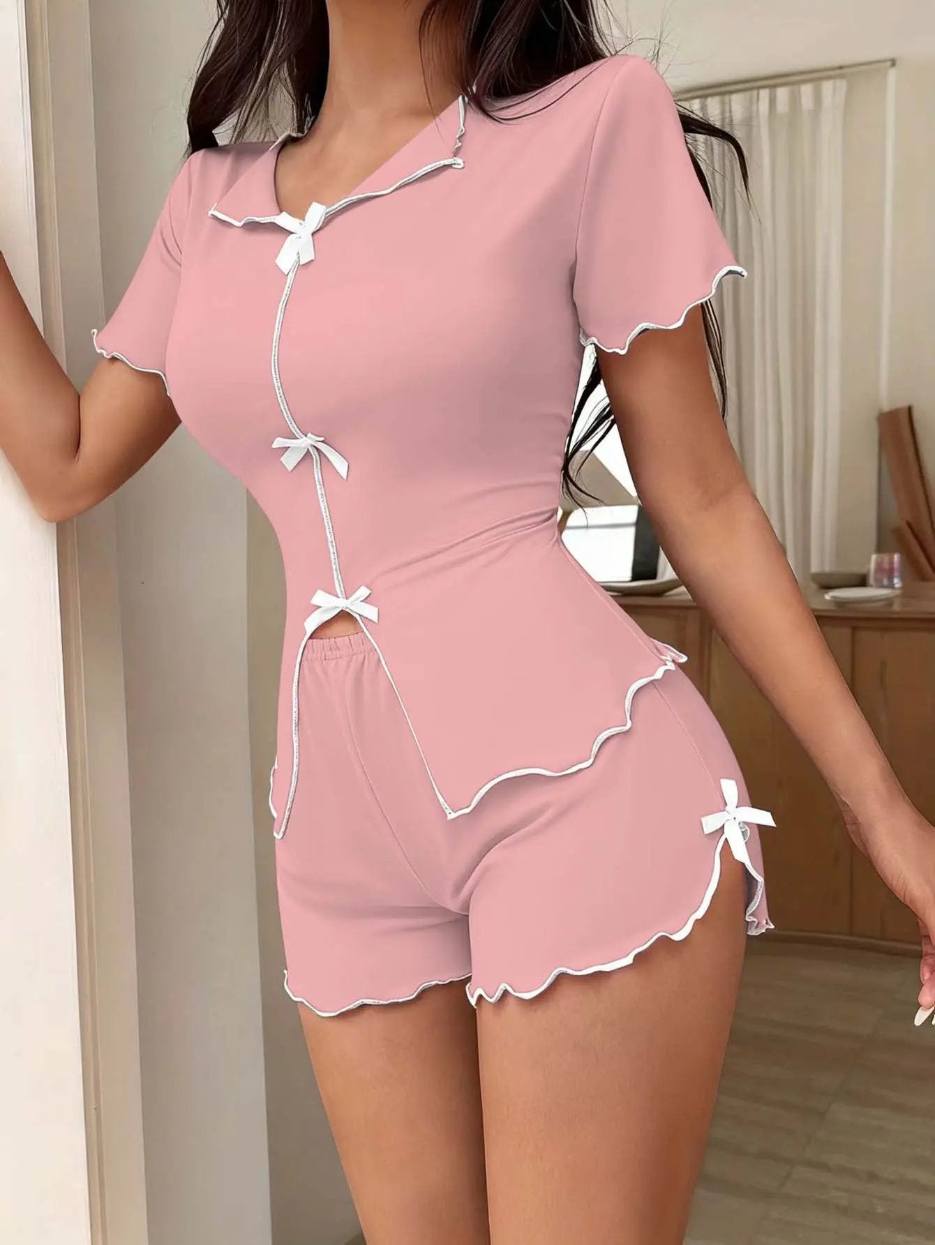 Bow-knot Sexy Stretchy Short-Sleeve Shorts Set by GJG Denim