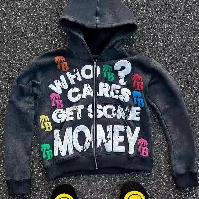 Trendy Letter Pattern Loose Casual And Comfortable Hooded Zipper Vintage Sweater by GJG Denim
