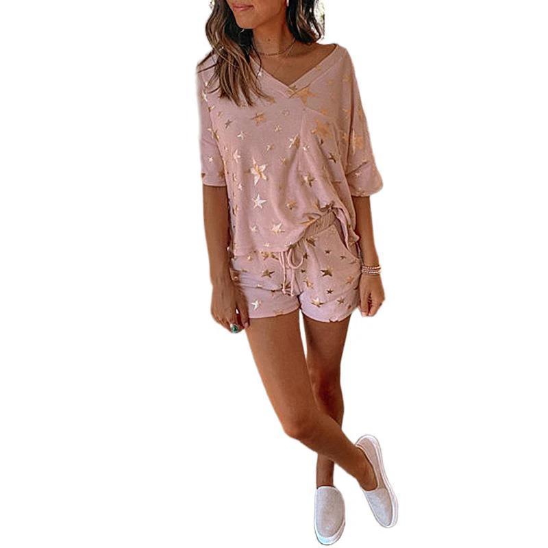 Five-Pointed Star Print Short-Sleeved Casual Home Wear Suit Pajamas Women by GJG Denim