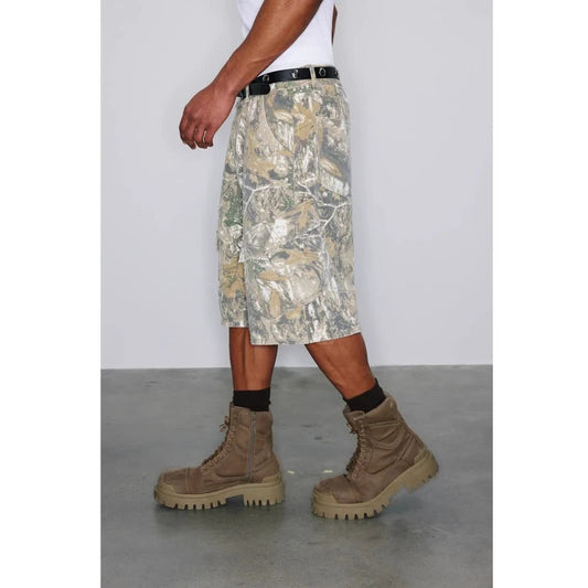 Retro Distressed Branch Camouflage Workwear Shorts by GJG Denim