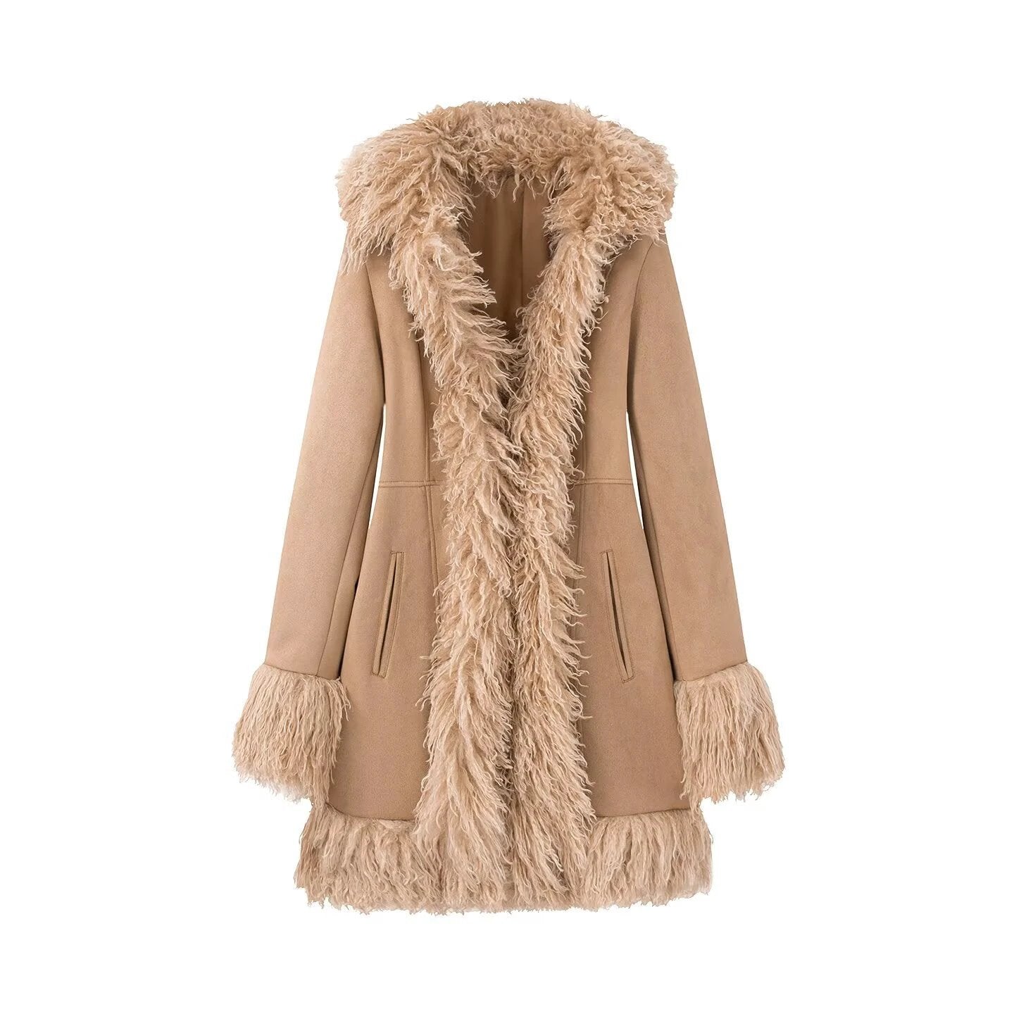 Stylish Mid-Length Suede And Fur Patchwork Coat by GJG Denim