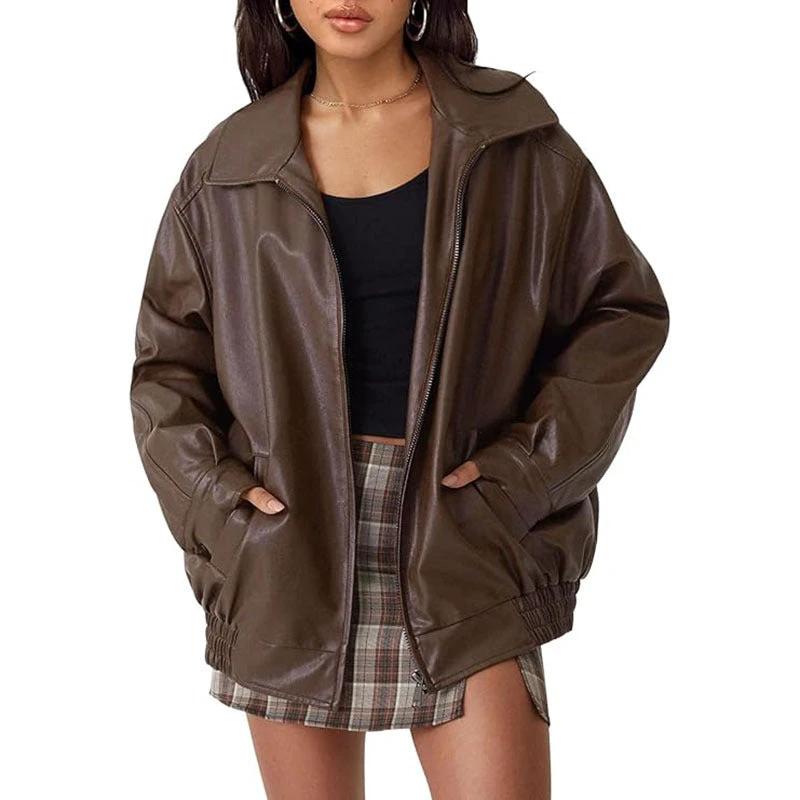 Spring And Autumn European And American Leather Jacket Locomotive Style Loose Top Coat Women by GJG Denim