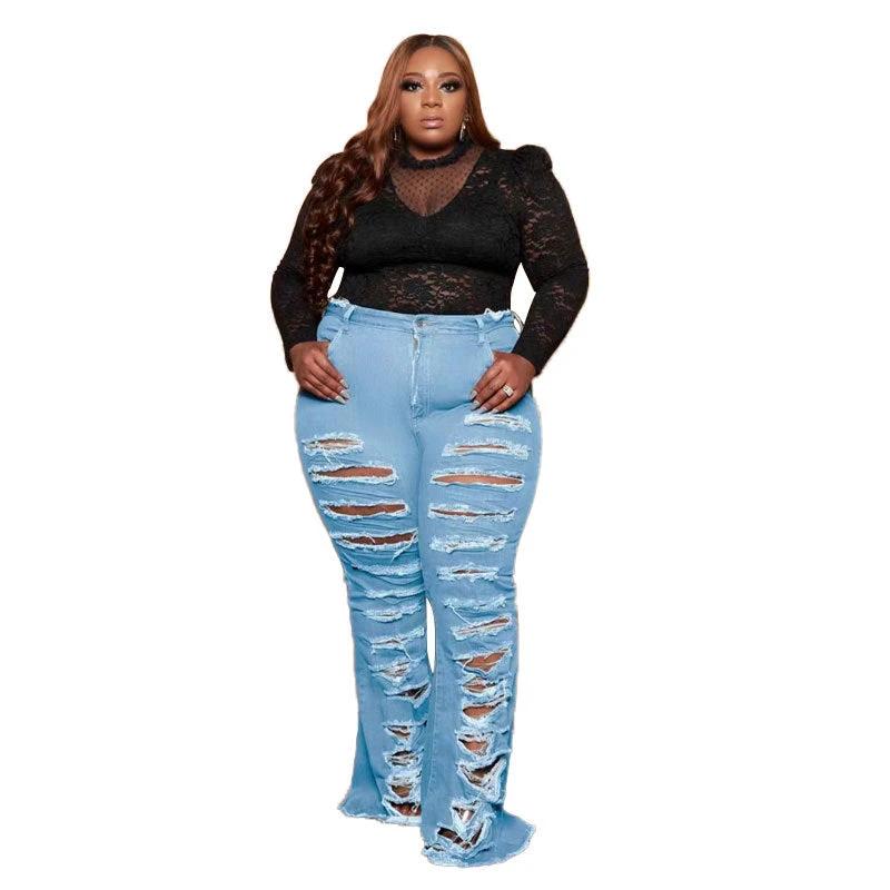 New Washing Trend Large Size Women's Torn Jeans by GJG Denim