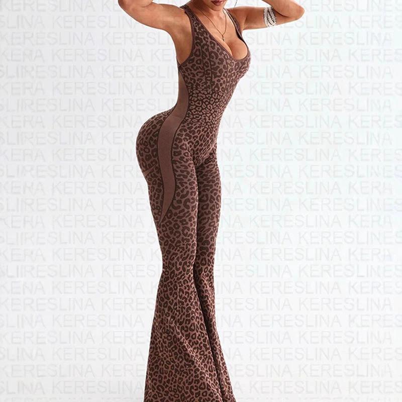 Leopard Print Printed V-neck Backless Slim Fit Halter Jumpsuit by GJG Denim