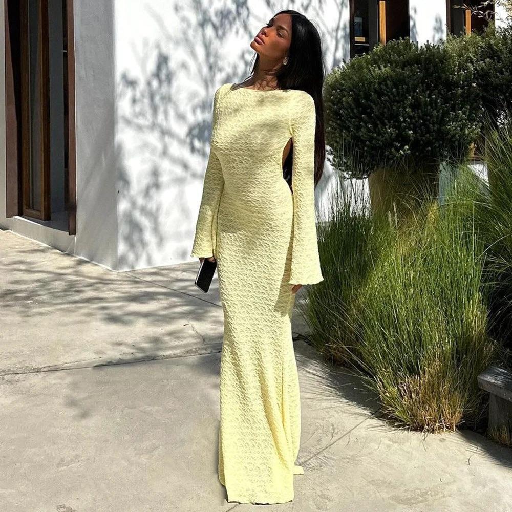 Backless Solid Color Flared Long Sleeve Round-neck Long Dress by GJG Denim