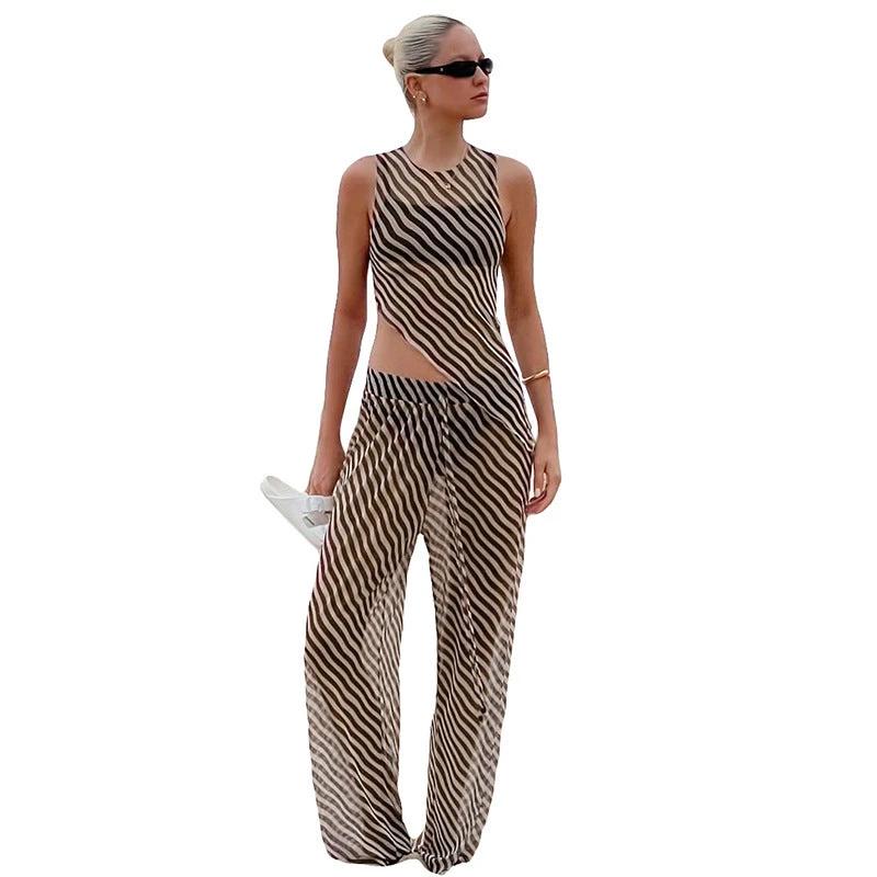 Women's Sleeveless Diagonal Stripes See-through Irregular Top Suit by GJG Denim